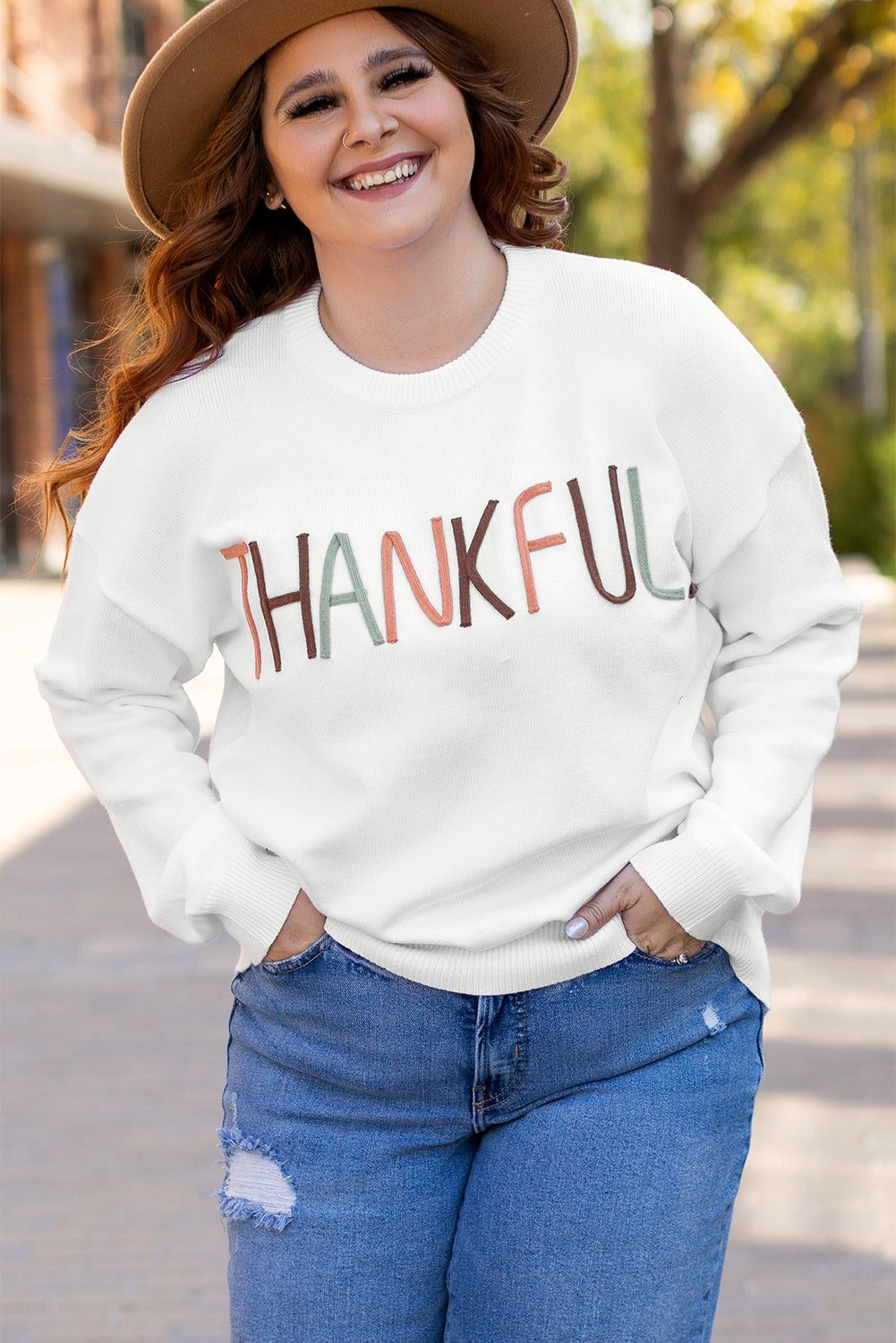 White Thankful Embroidered Sweater in CURVY SIZE ONLY