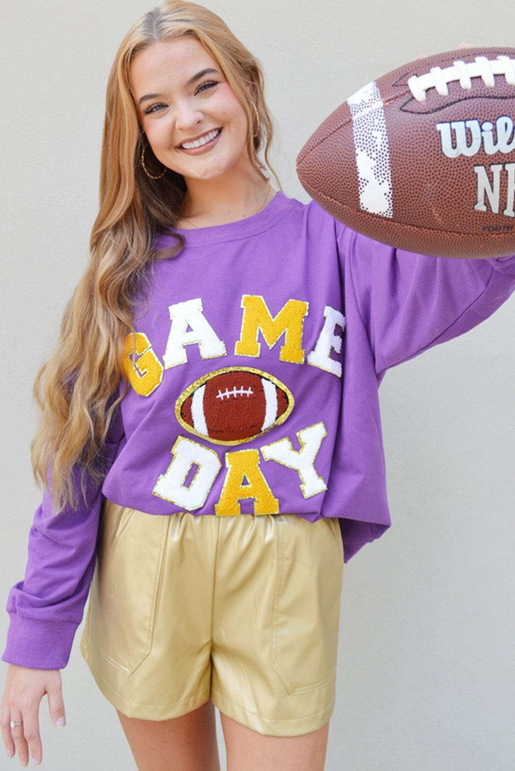 Purple GAME DAY Chenille Embroidered Pullover Sweatshirt