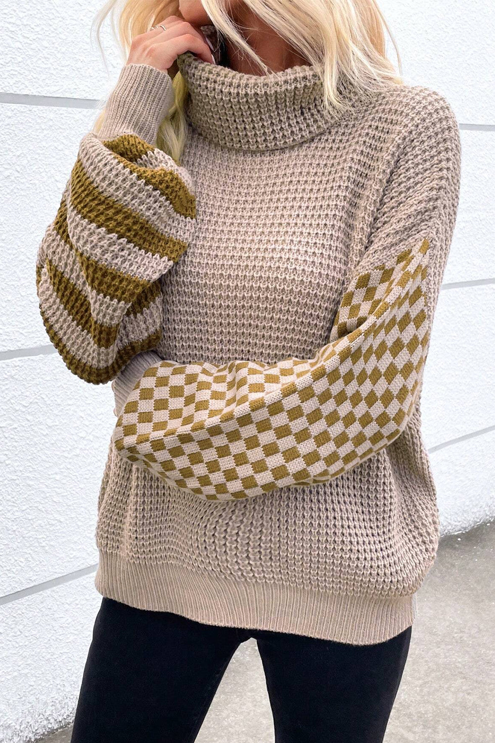 Striped Plaid Patchwork Waffle Knit Turtleneck Sweater