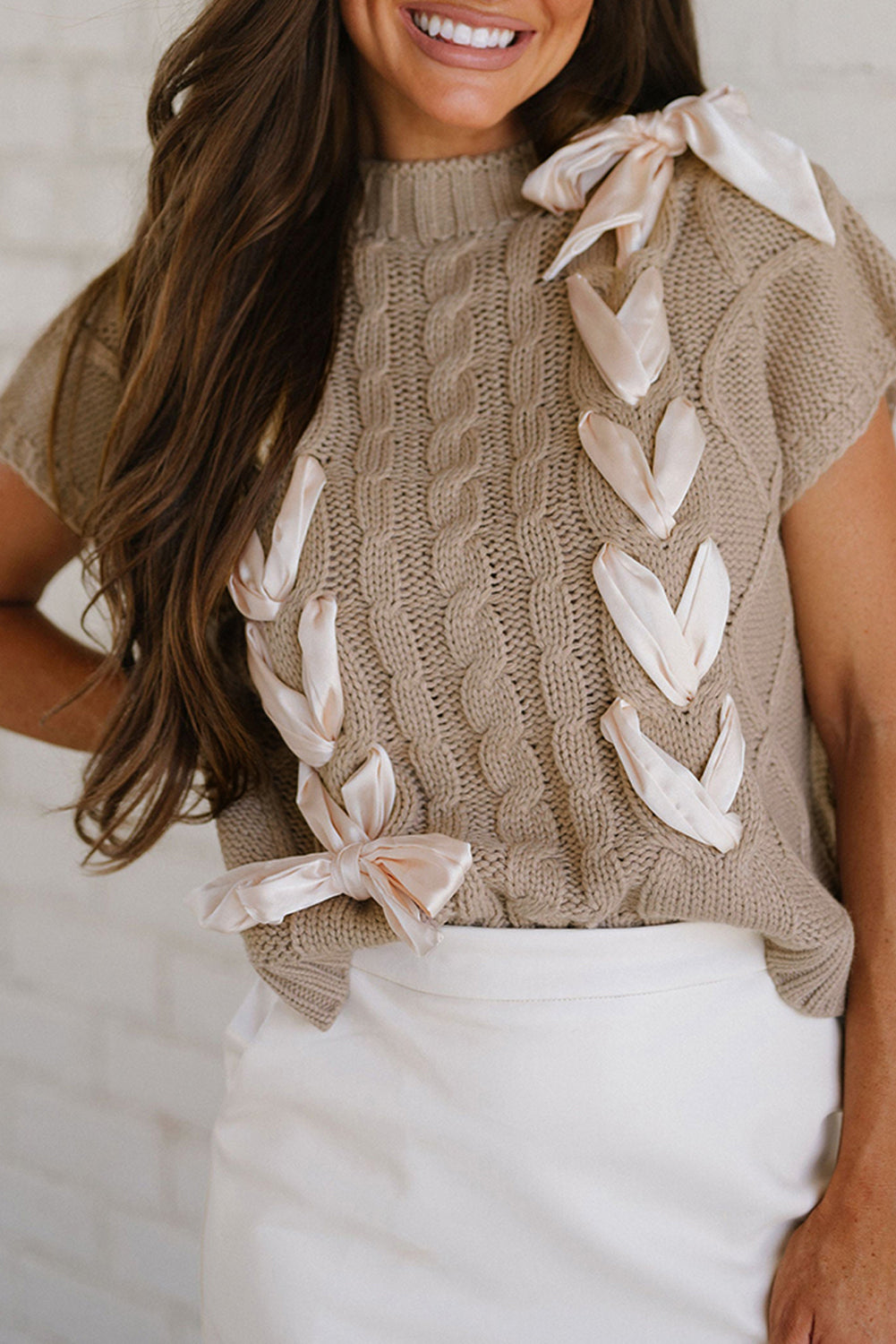 Simply Taupe Cable Knit Satin Bowknot Short Sleeve Sweater