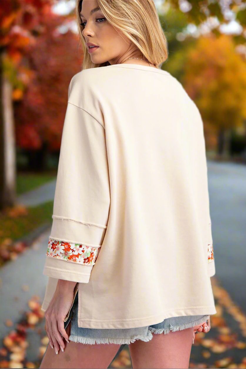 Beige Flower Patch Graphic Exposed Seam Wide Sleeve Top