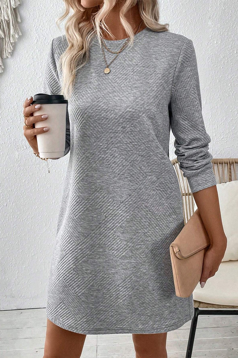 Textured Long Sleeve Shift Dress