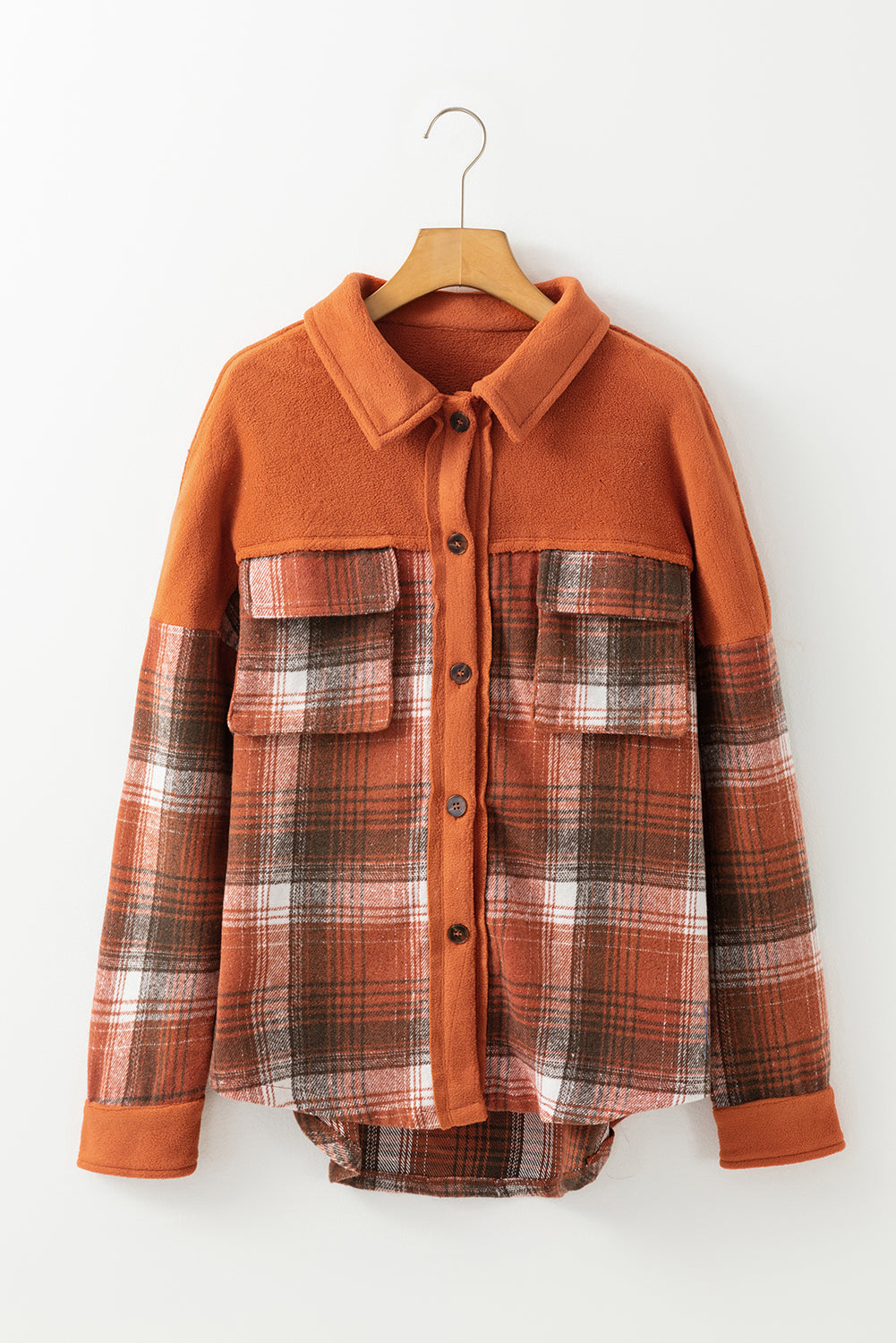 Khaki Plaid Pattern Flap Pockets Buttoned Shacket