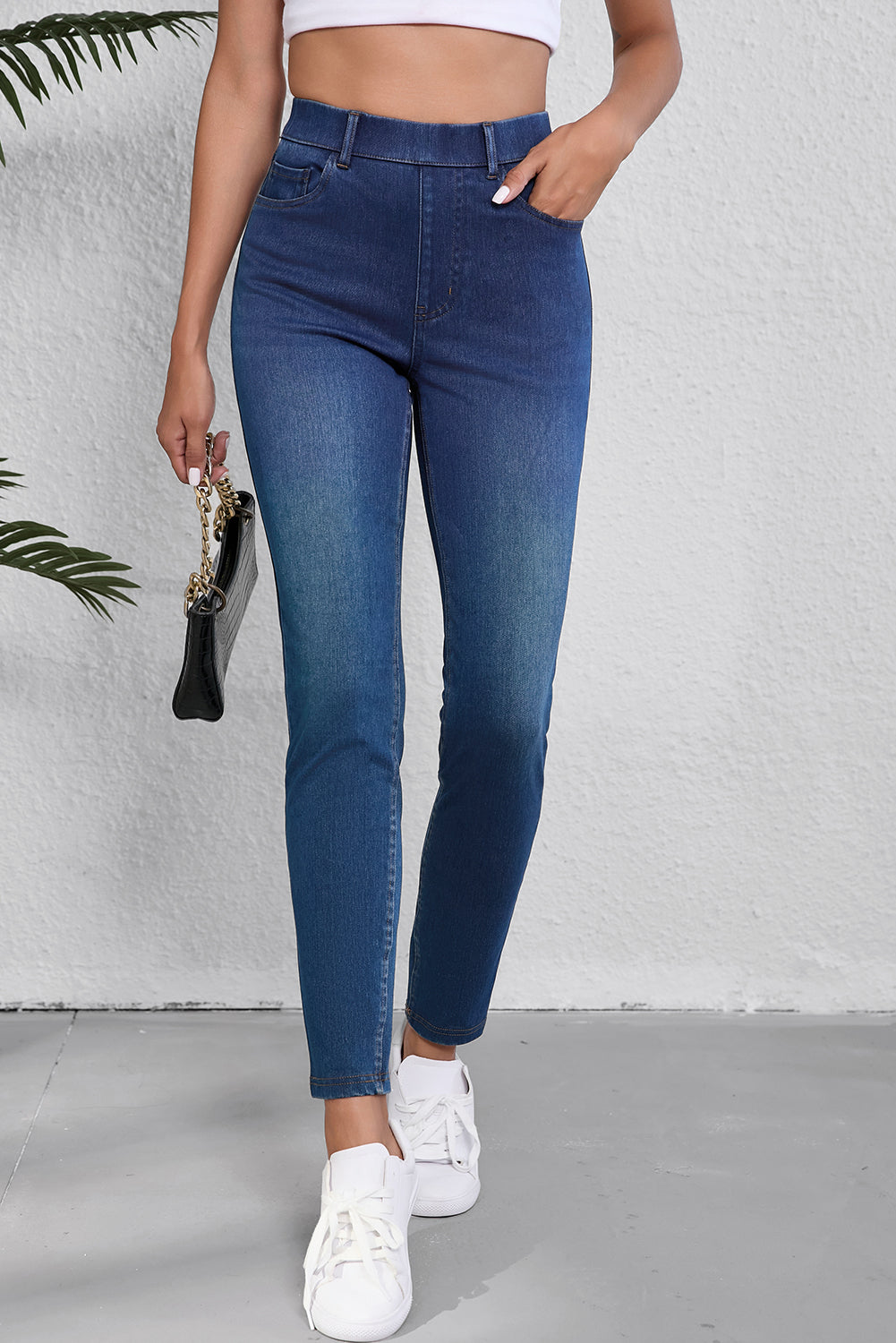 Ashleigh Blue Multiple Pockets Straight Leg Washed Stretchy Knit Casual Jeans