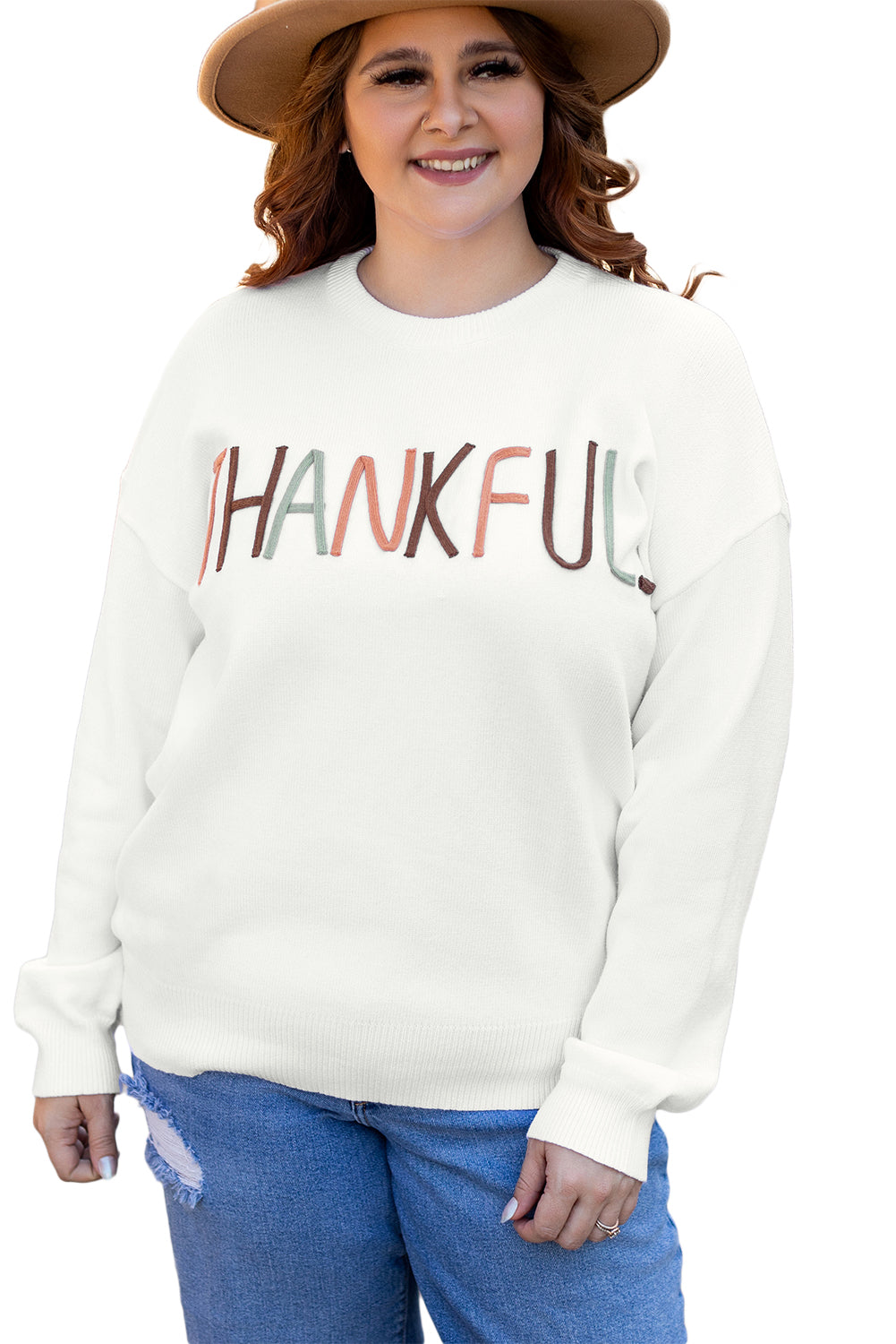 White Thankful Embroidered Sweater in CURVY SIZE ONLY