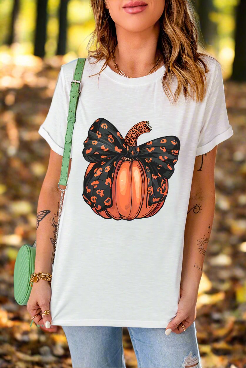 White Halloween Bowknot Pumpkin Graphic Crewneck T Shirt