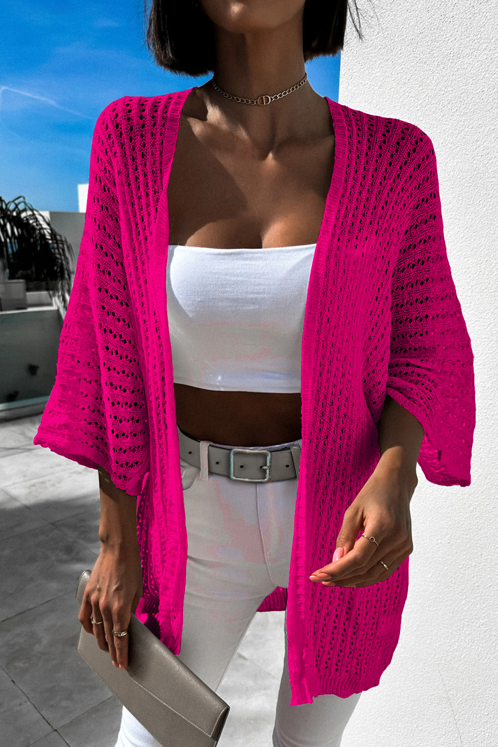 Hollow-out Knit Kimono Lightweight Cardigan in  Rose