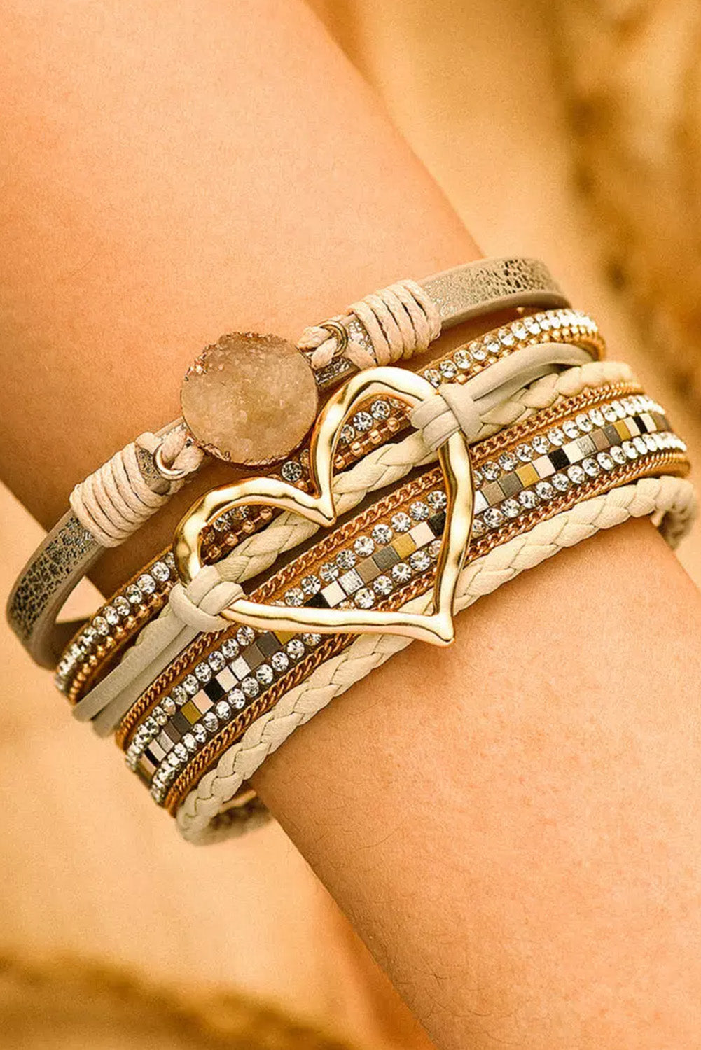 Bohemian Heart Rhinestone Magnetic Buckle Bracelet in beige