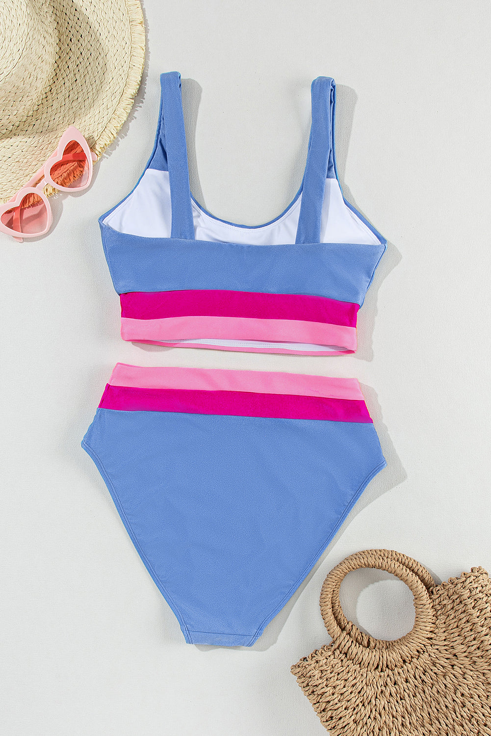 Light Blue Color Block High Waisted Bikini Swimsuit