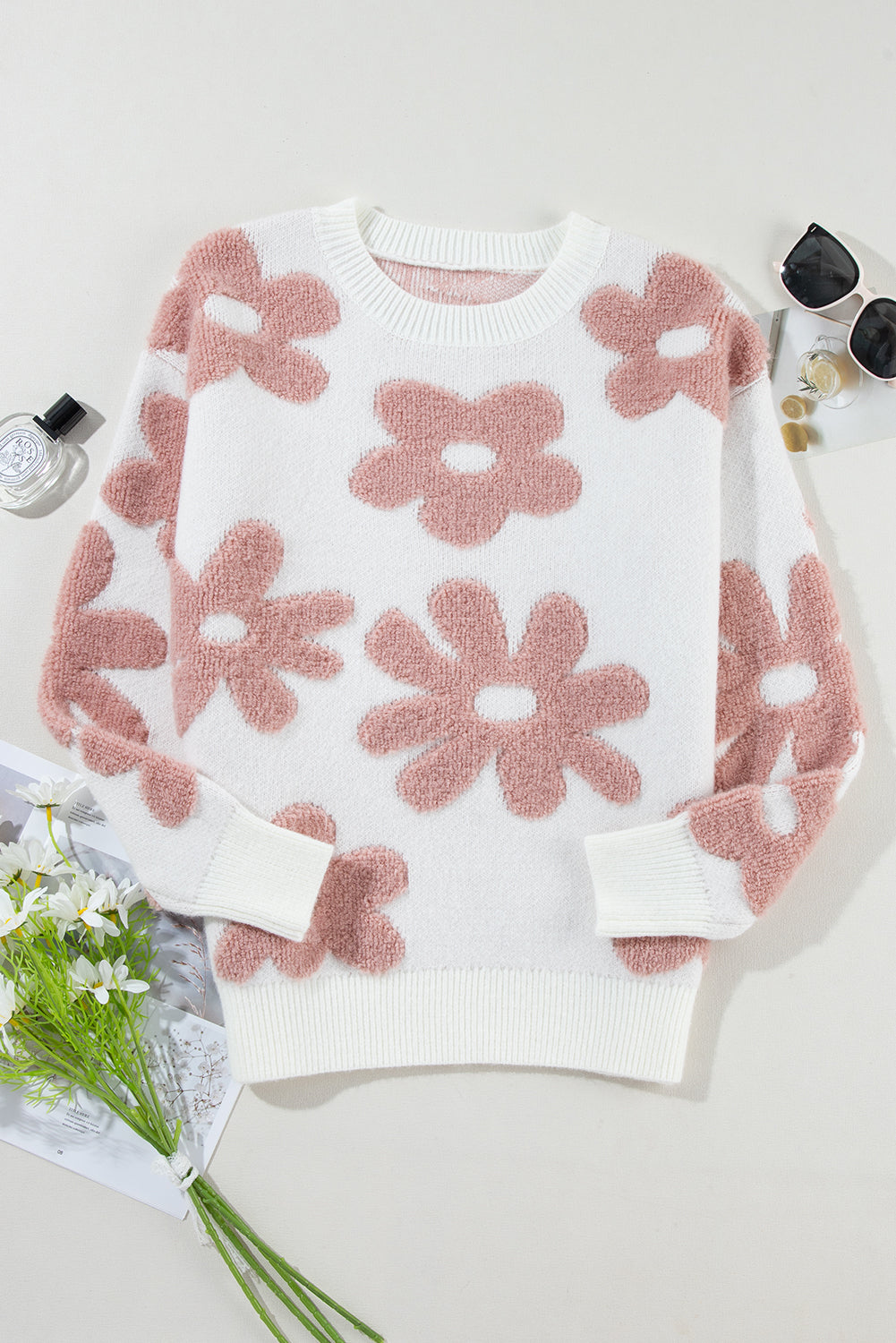 White Textured Flower Drop Shoulder Loose Sweater