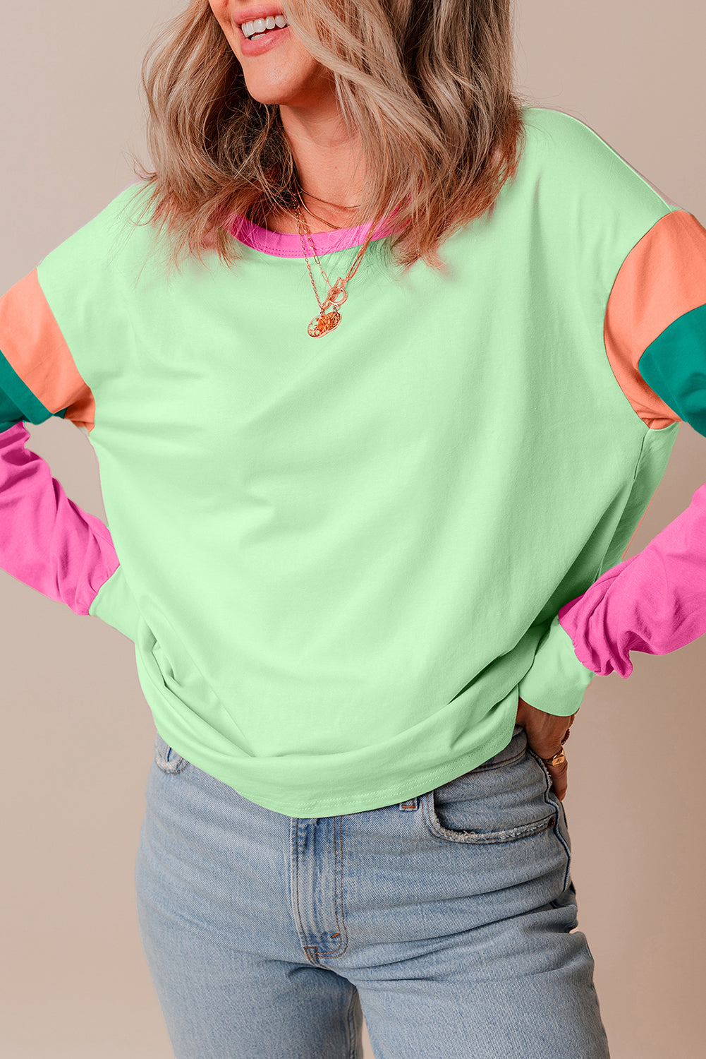 Color Block Patchwork Long Sleeve Loose Top