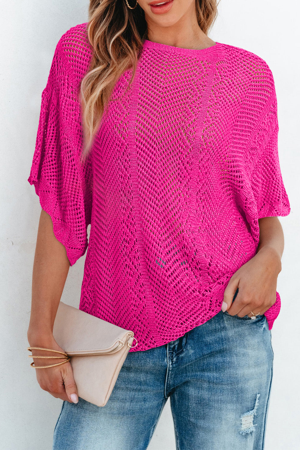 Rose Red Knit Scallop Edge Short Sleeve Knit Top