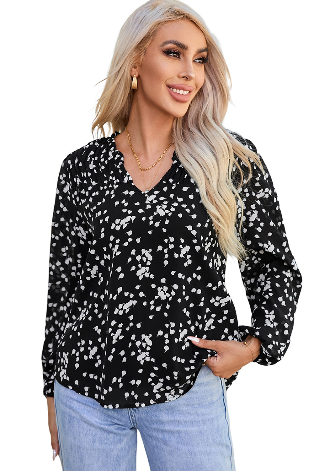 V-Neck Printed Crinkled Long Sleeve Blouse