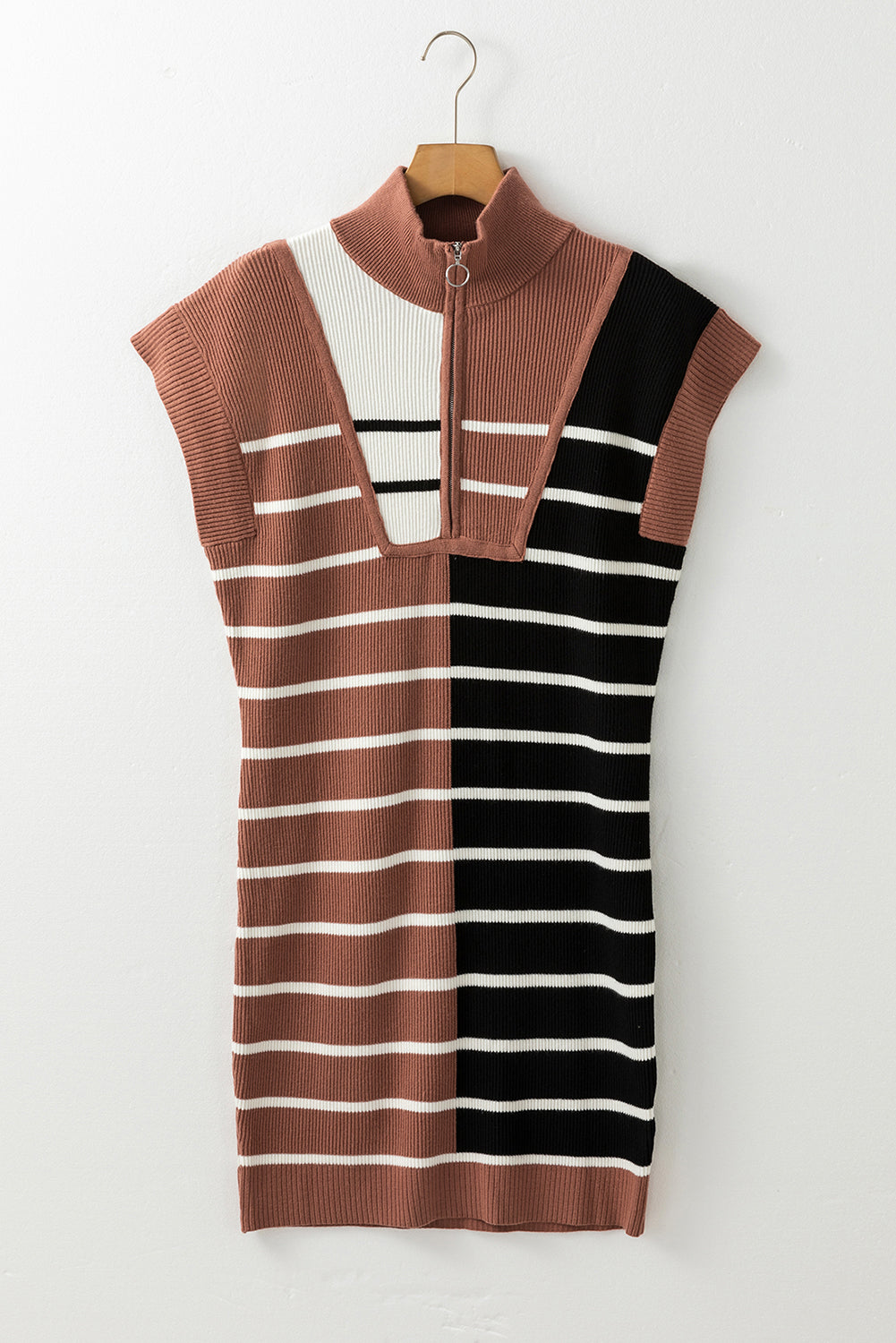 Stripe Color Block Quarter Zip Collar Short Sleeve Sweater Dress