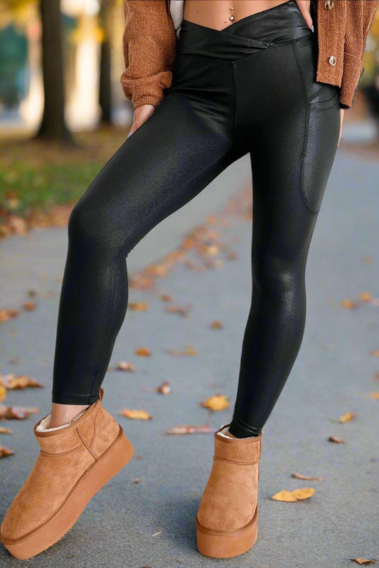 Black V Crossover High Waist Pocketed Leggings