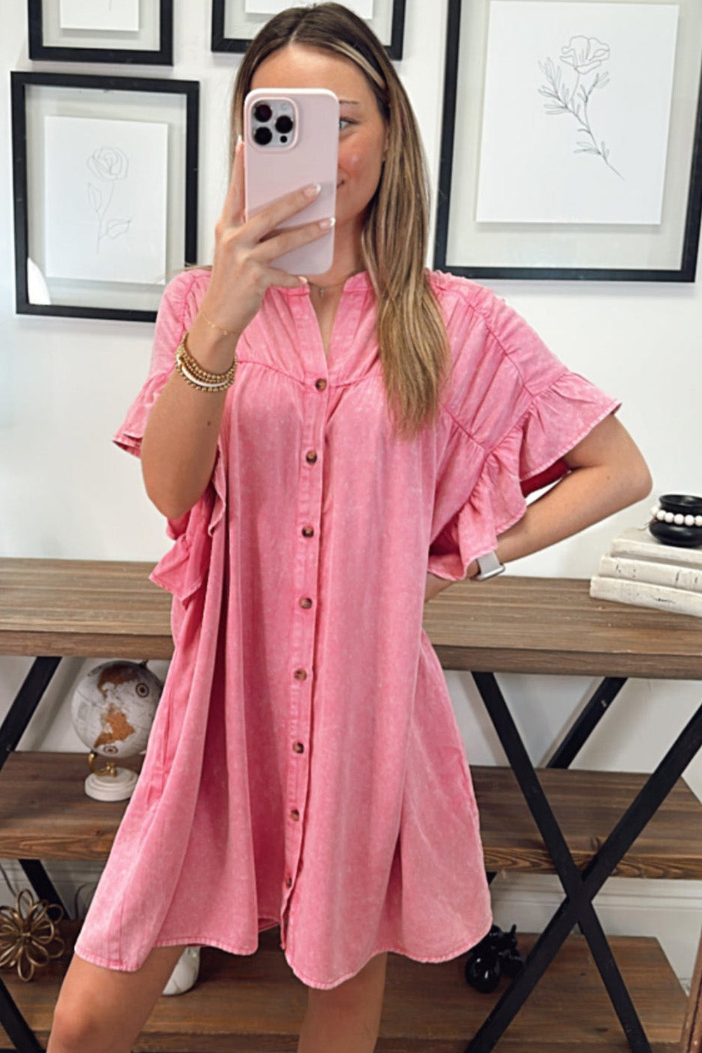 Pink Ruffled Short Sleeve Buttoned Denim Mini Dress