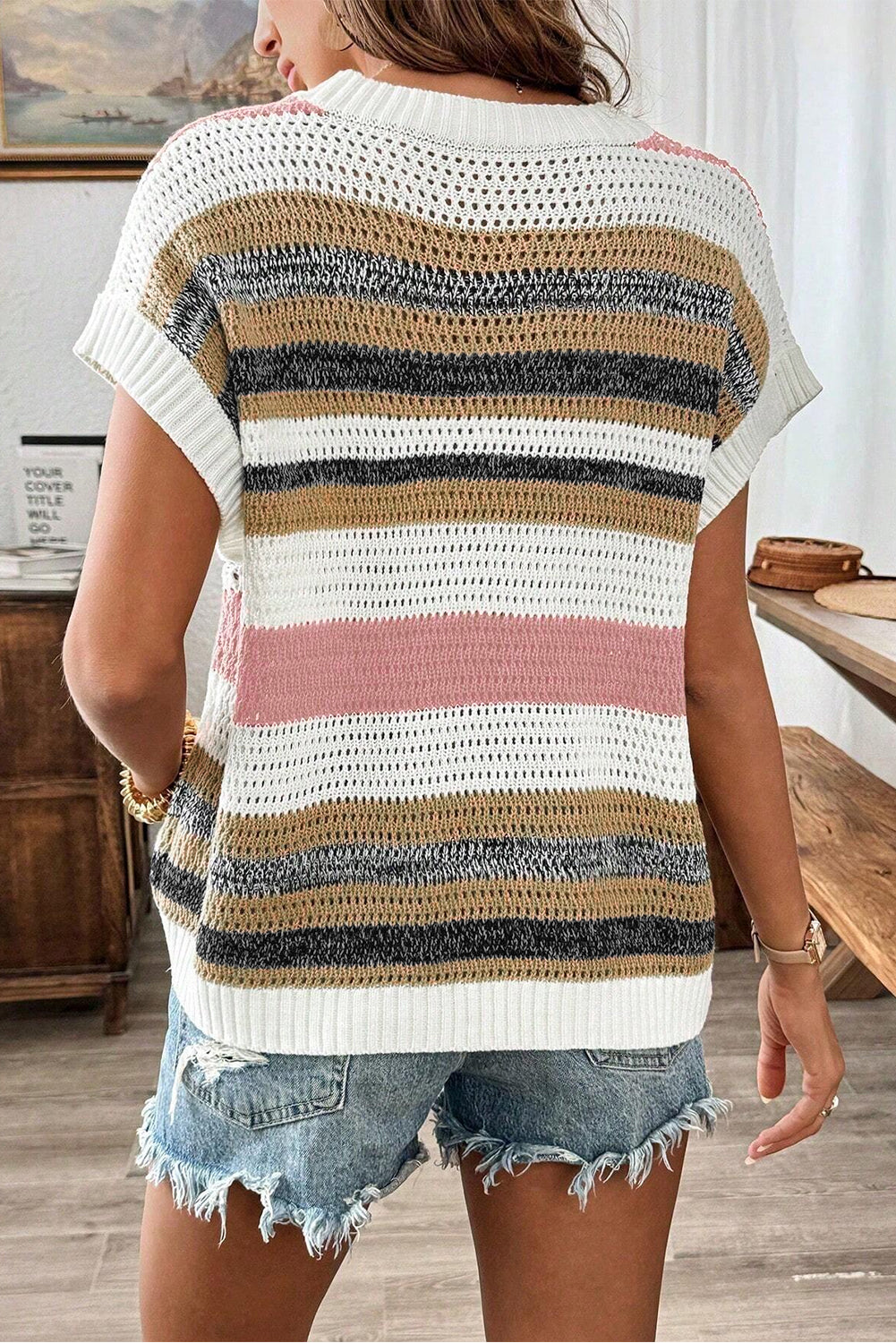 Pink Stripe Color Block Eyelet Knit Short Sleeve Sweater Tee