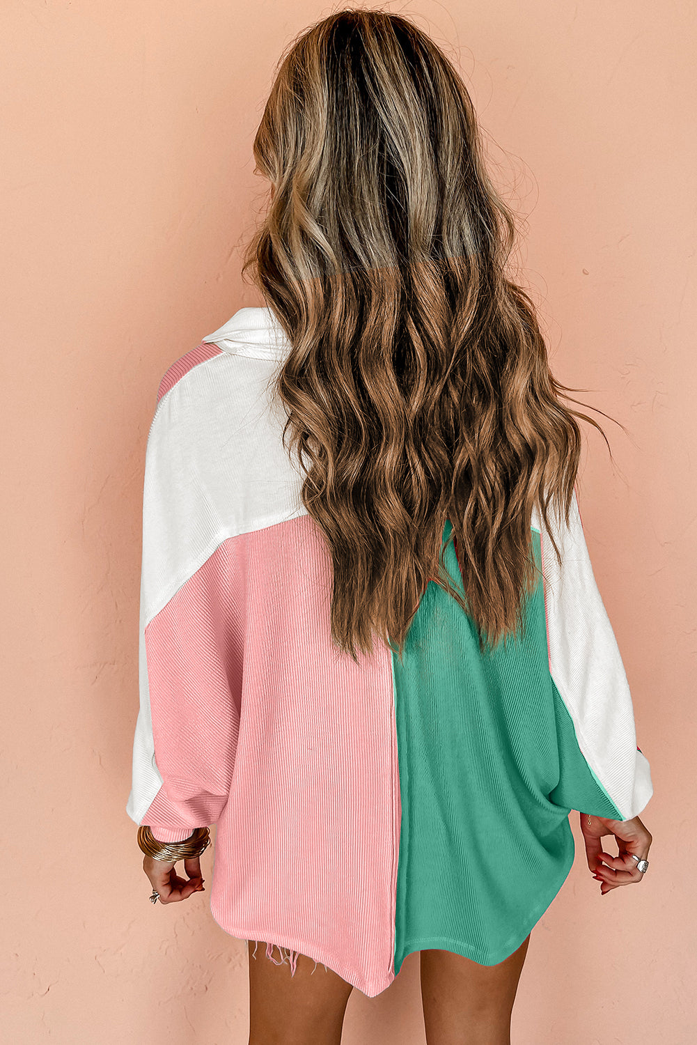 Pink Color Block Ribbed Collared Oversized Shirt