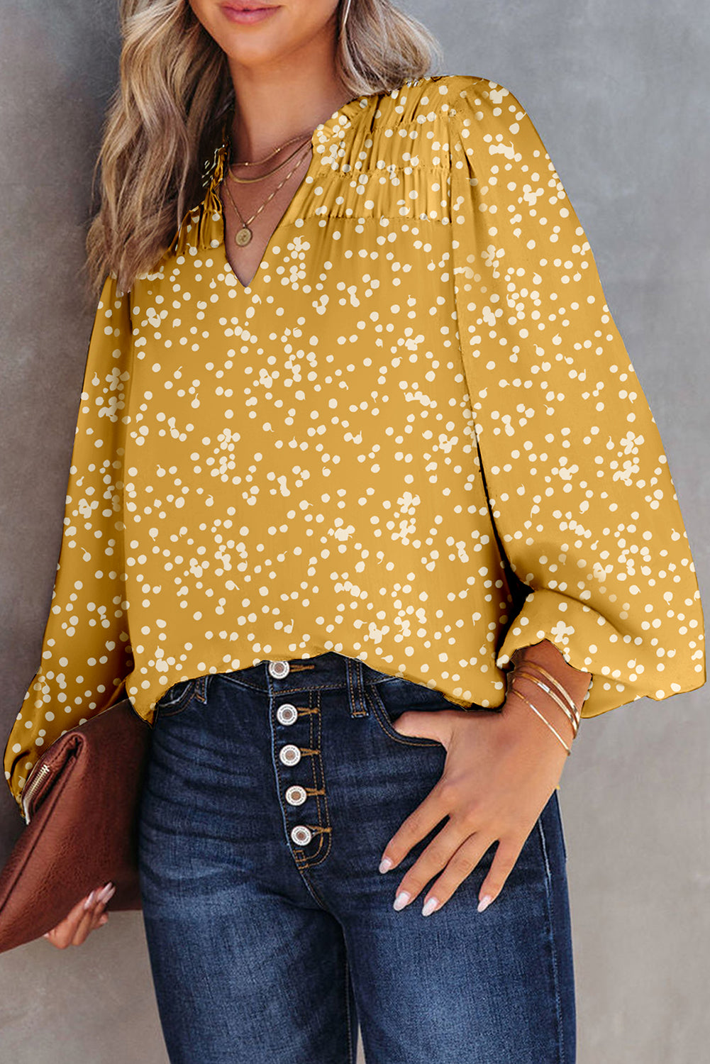 V-Neck Printed Crinkled Long Sleeve Blouse