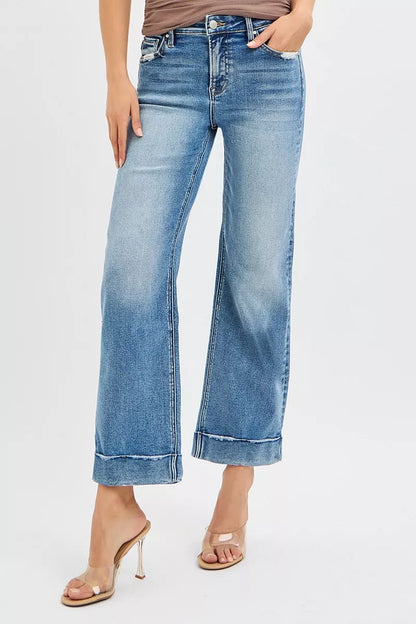 RISEN Mid Rise Crop Straight Jeans with Taylor Cuffed Plus Size