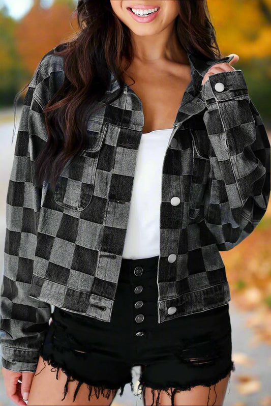 Checkered Patchwork Button up Denim Jacket