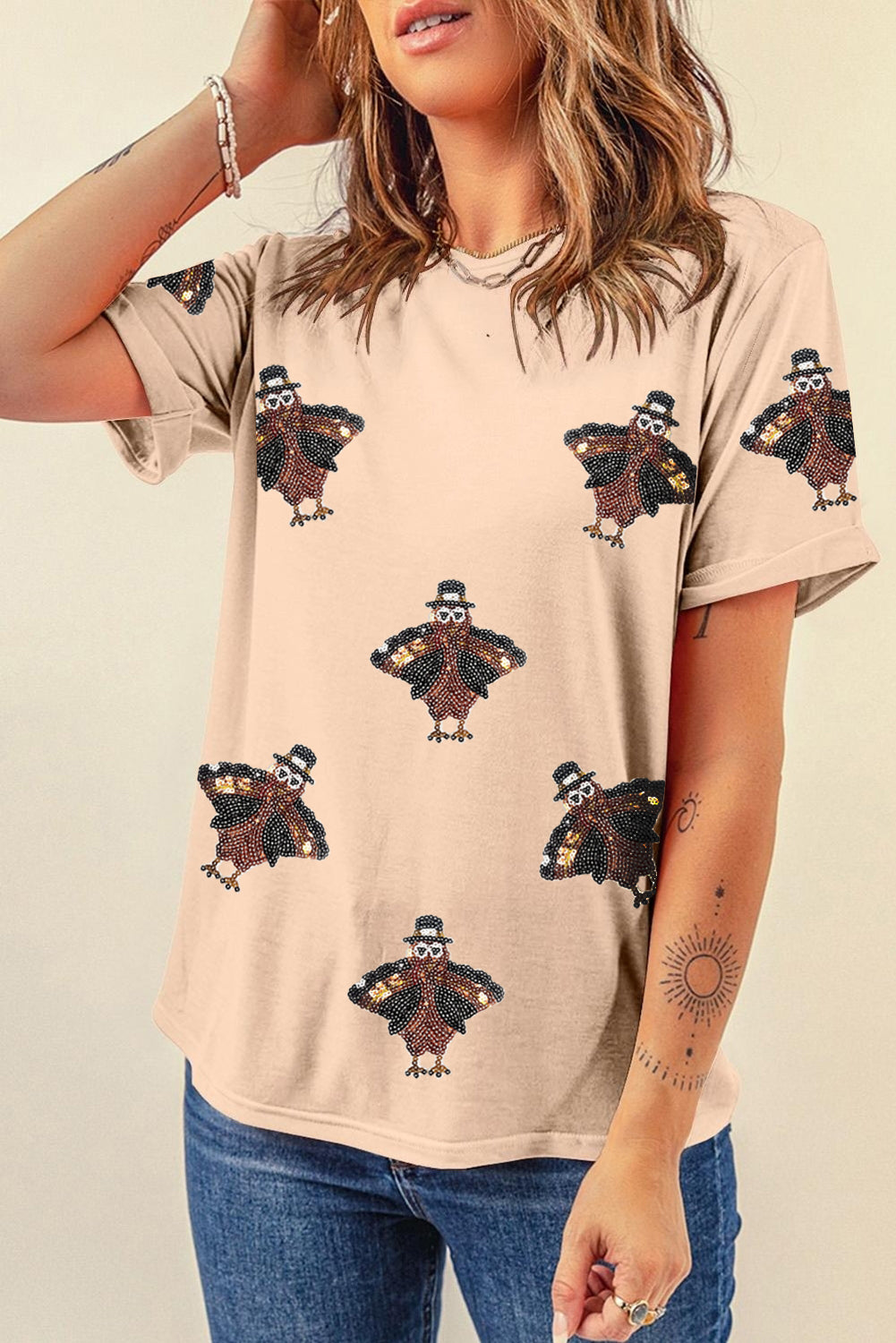 Khaki Sequined Turkey Patched Thanksgiving T Shirt