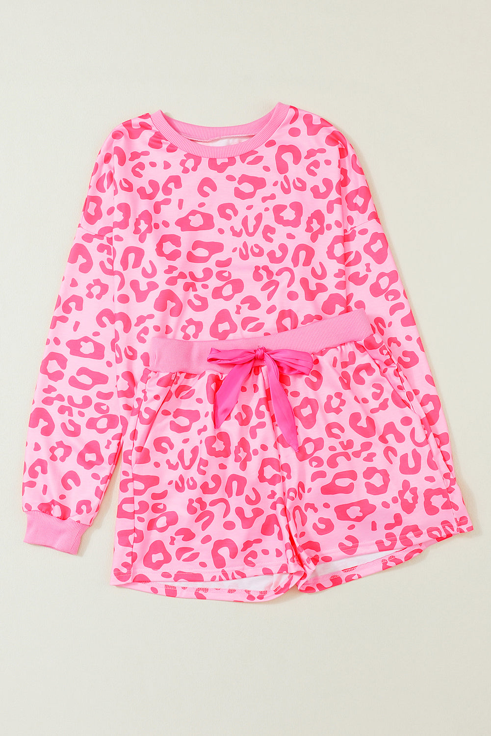 Leopard Long Sleeve Satin Tie Shorts - Two Piece Set in Pink