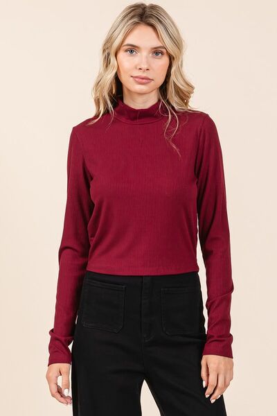 Mock Neck Rib Knit Long Sleeve Crop Top (MADE IN USA)