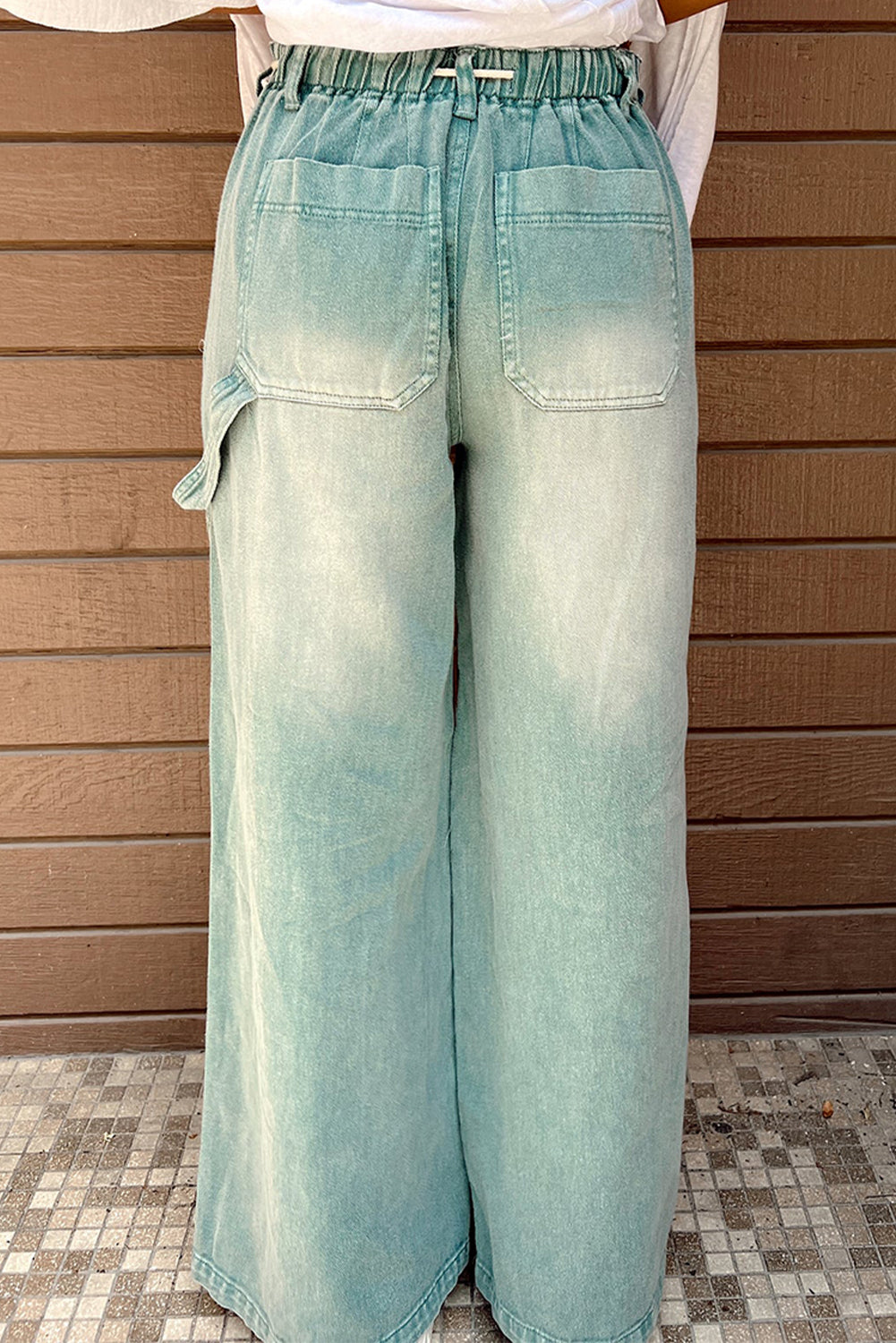 Smoke Green Mineral Wash Drawstring High Waist Wide Leg Jeans