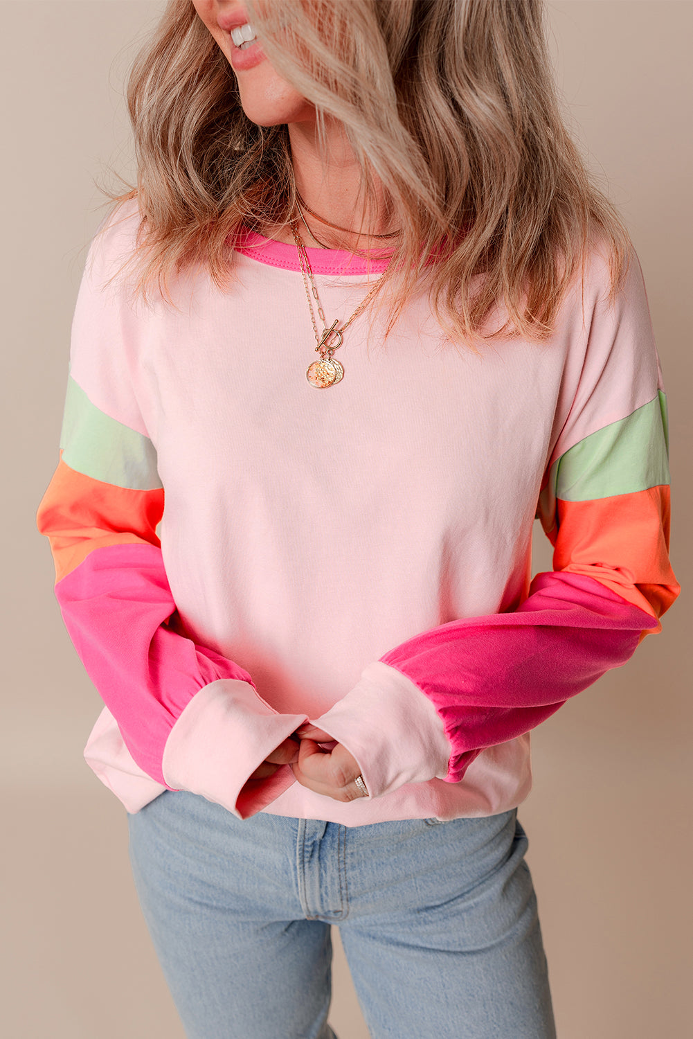 Color Block Patchwork Long Sleeve Loose Top