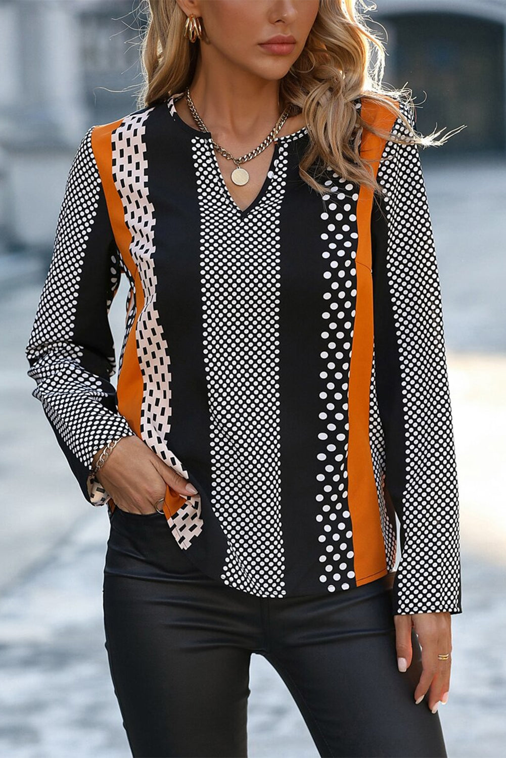 Orange Geo Print Notched V Neck Blouse