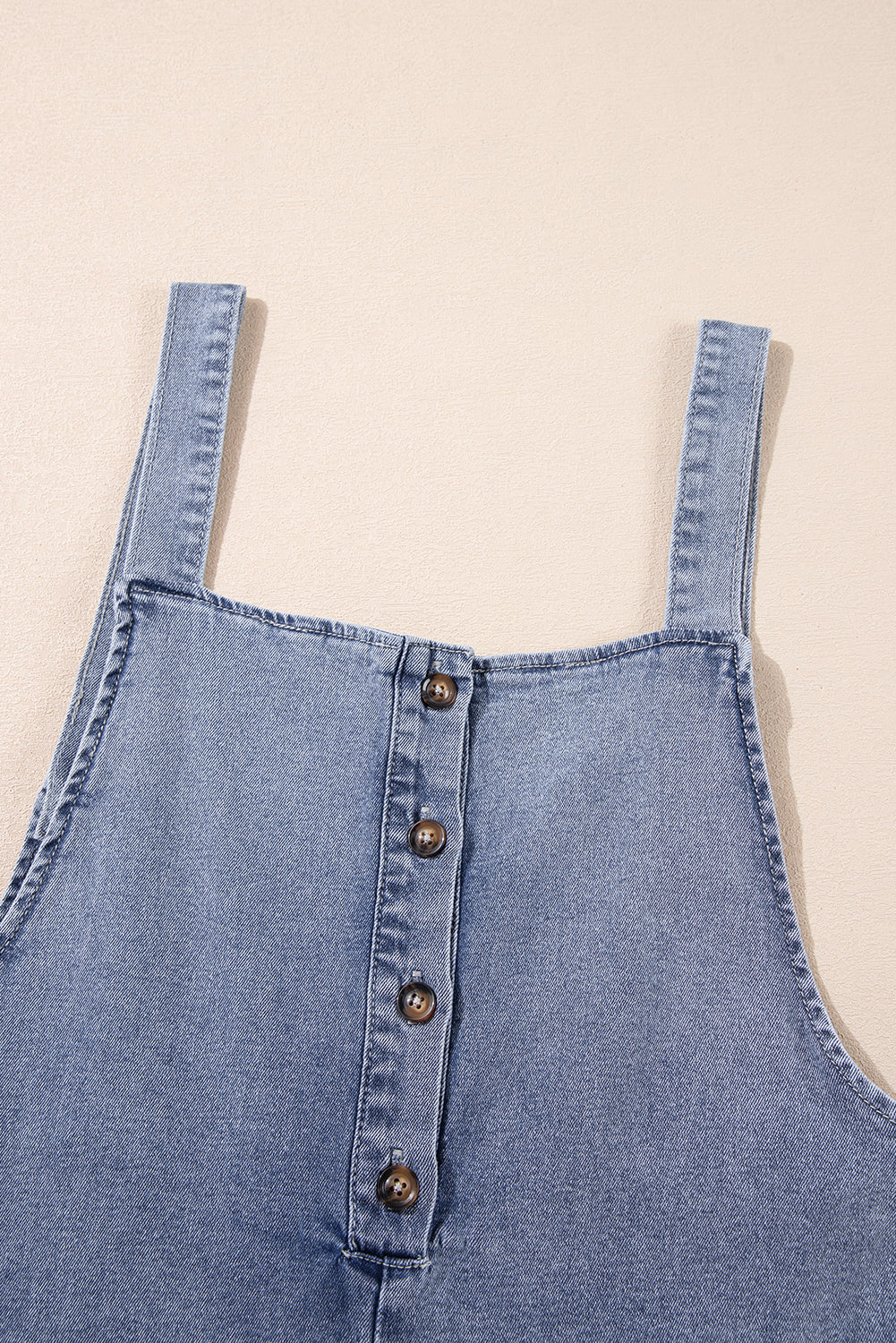 Stone Blue Washed Denim Half Buttons Patched Pocket Wide Leg Overalls