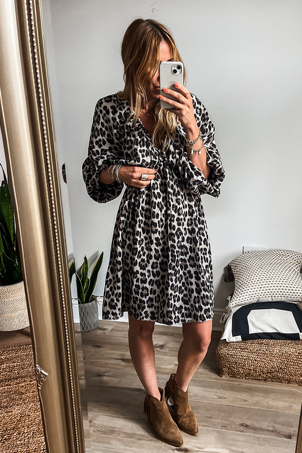 Black Leopard Print Elasticated V Neck 3/4 Puff Sleeve Dress