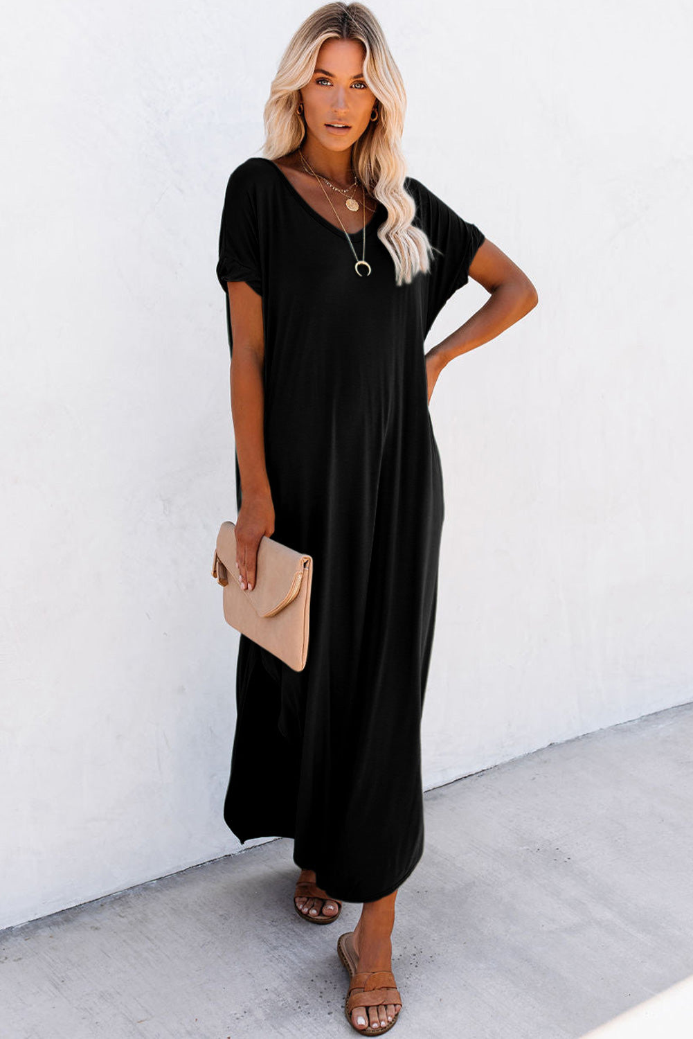 V Neck Maxi Dress with  Hidden Pockets