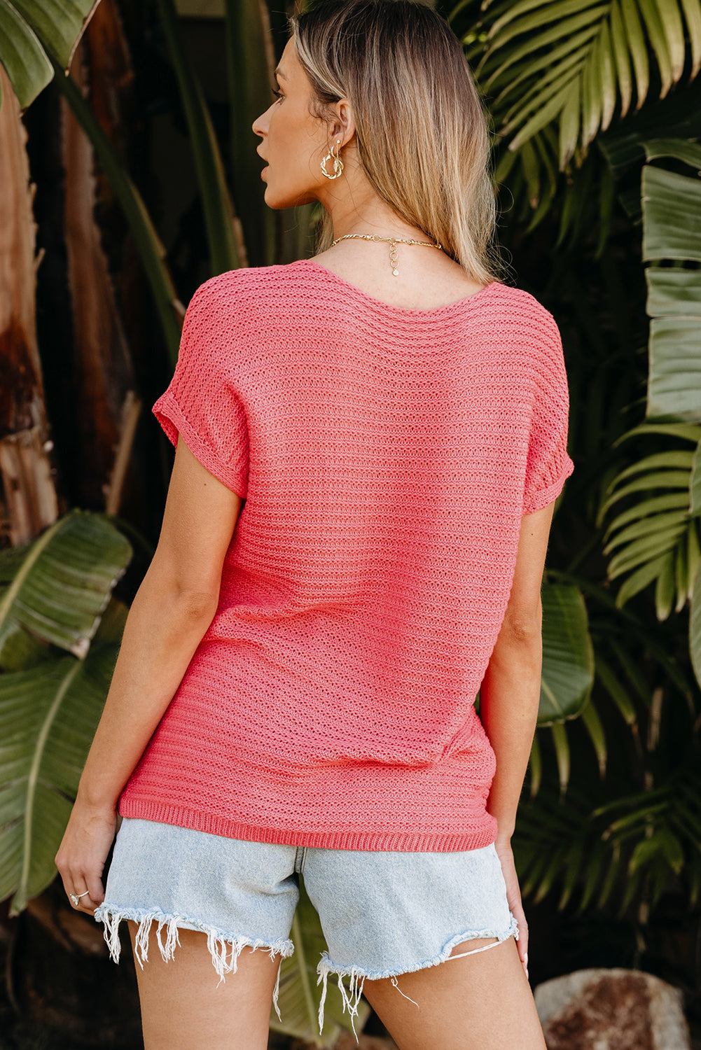 Solid Loose Knit Short Dolman Sleeve Sweater in Red Clay