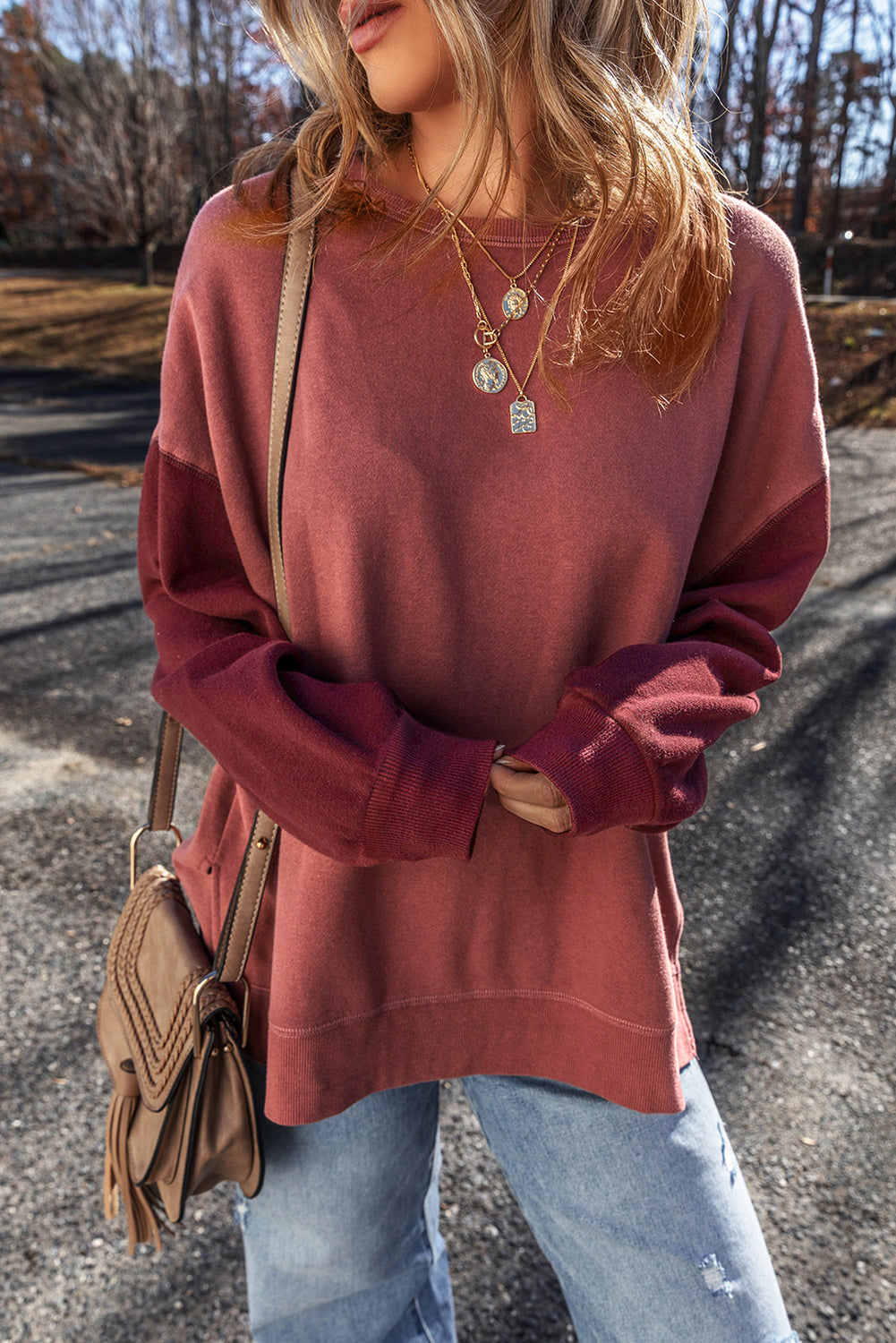 Two Tone Patchwork Drop Shoulder Pullover Sweatshirt