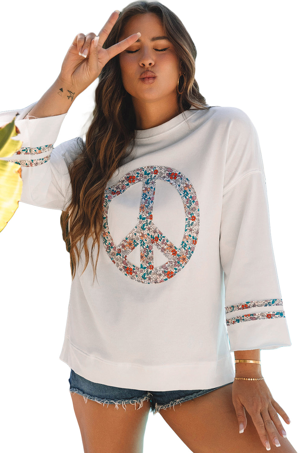 Jet Stream Floral Peace Sign Drop Shoulder Wide Sleeve Casual Top