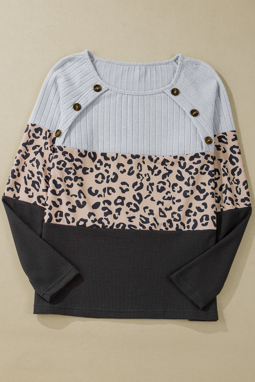 Cheetah Textured Patchwork Buttoned Round Neck T Shirt