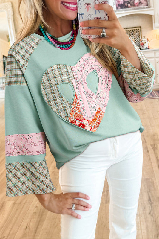 Plaid Floral Peace Heart Graphic Wide Long Sleeve Top