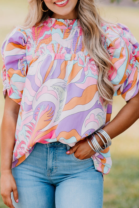 Pink Abstract Blouse with Bubble Sleeve