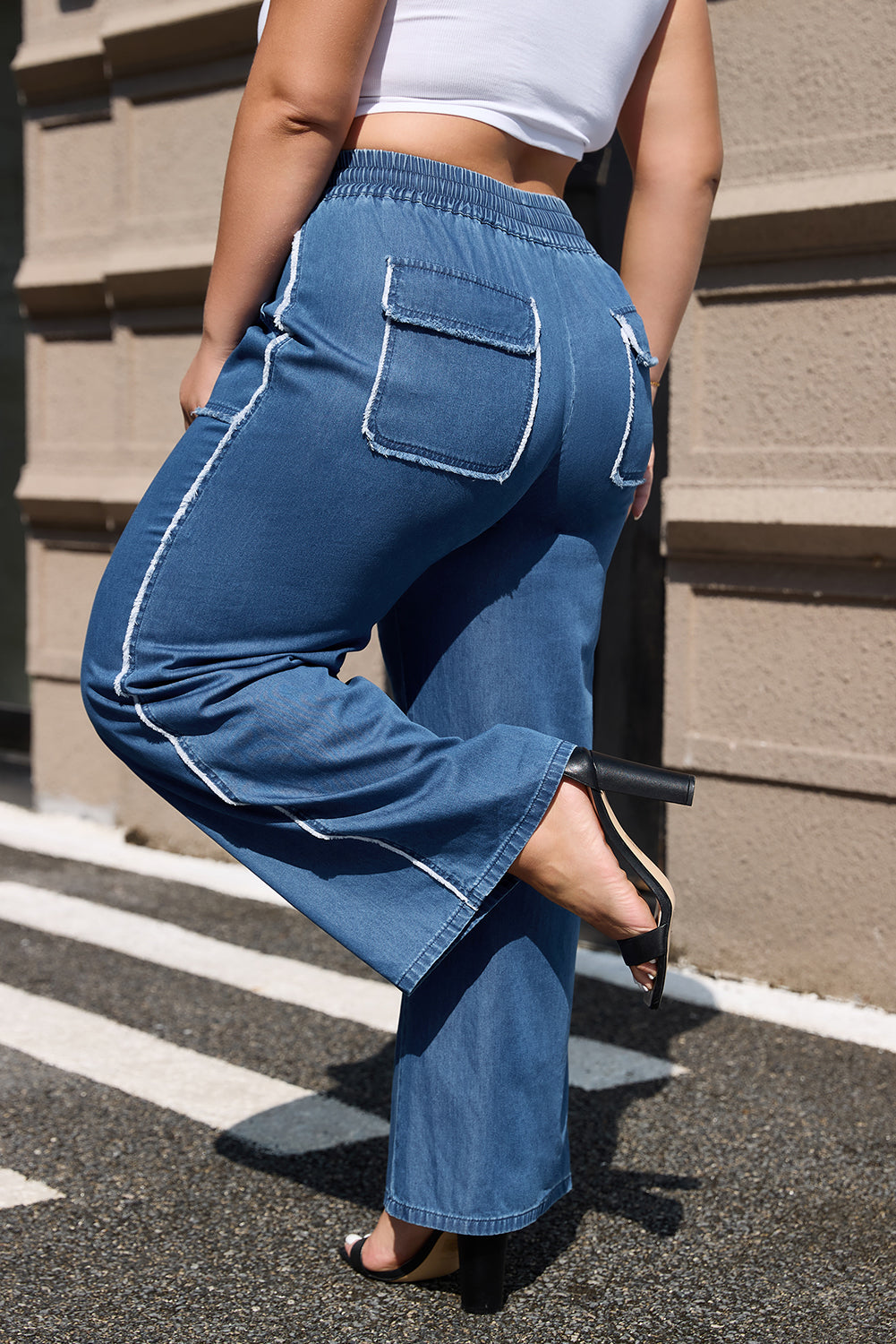 Blue Washed Denim Chambray Loose Pants in CURVY SIZE ONLY