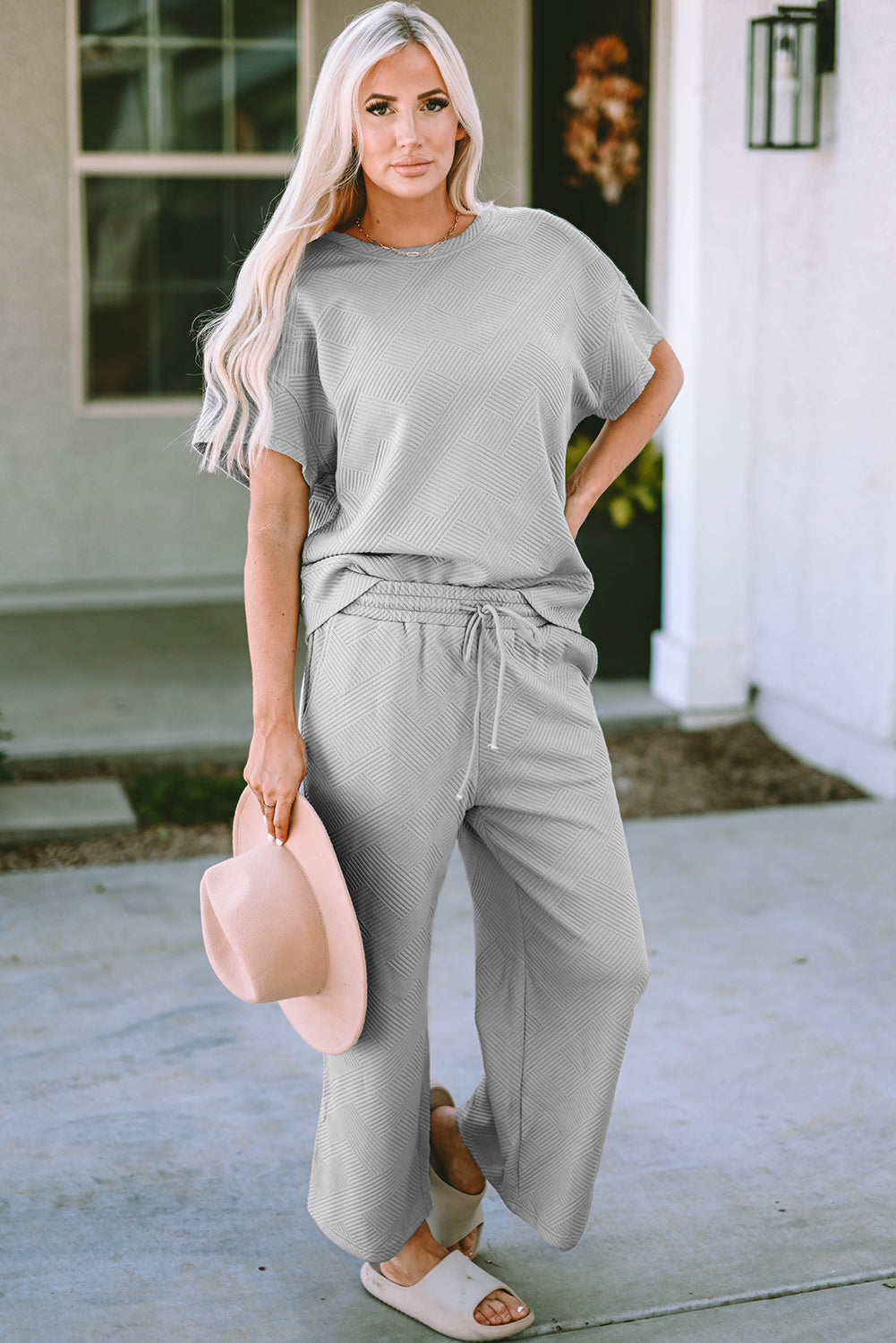 Textured Loose Fit T Shirt and Drawstring Pants Set