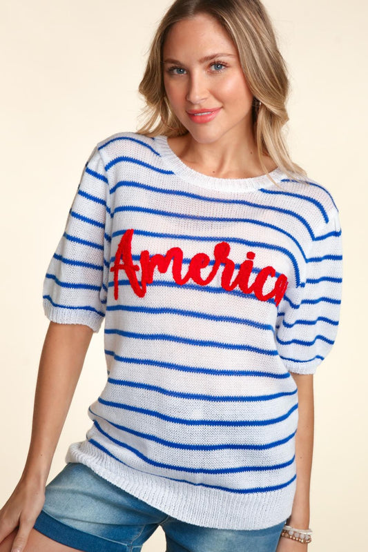 America Embroidery Striped Knit Top (MADE IN USA)