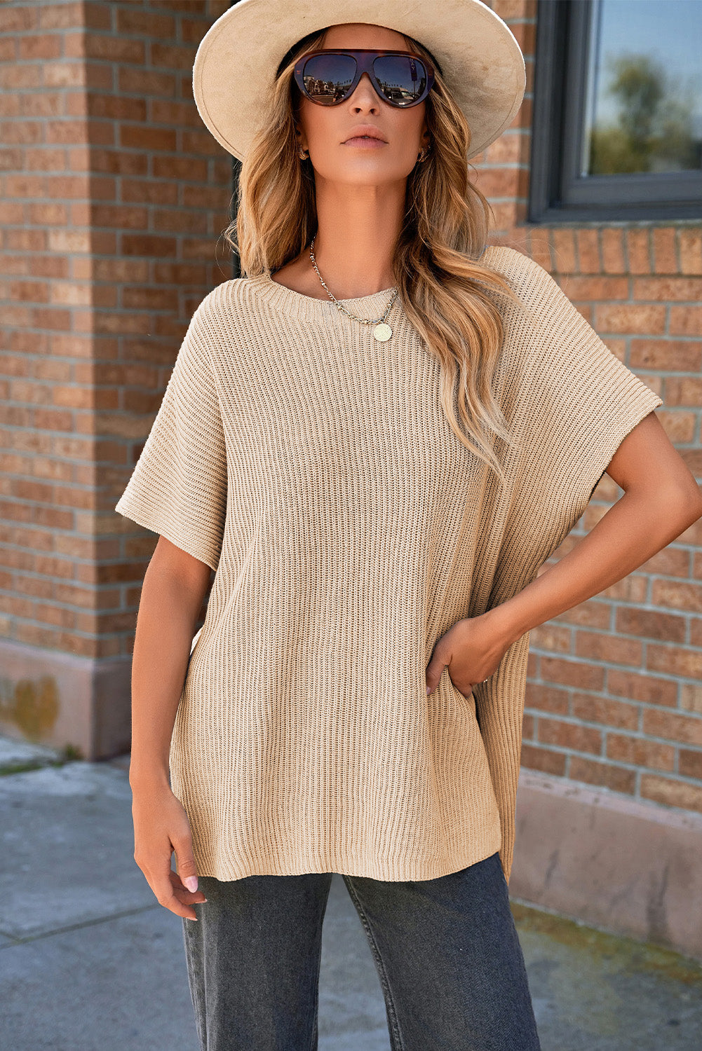 Short Sleeve Side Slit Oversized Sweater