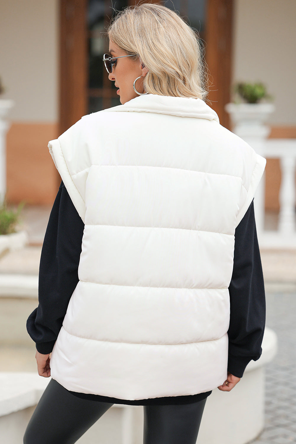 Beige Zipper Stand Neck Oversized Puffer Vest