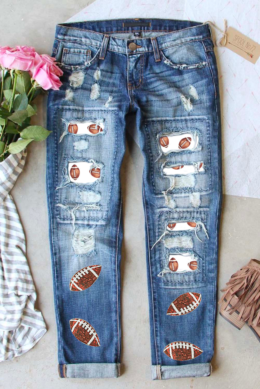 Sequin Football Patchwork Distressed Straight Leg Jeans