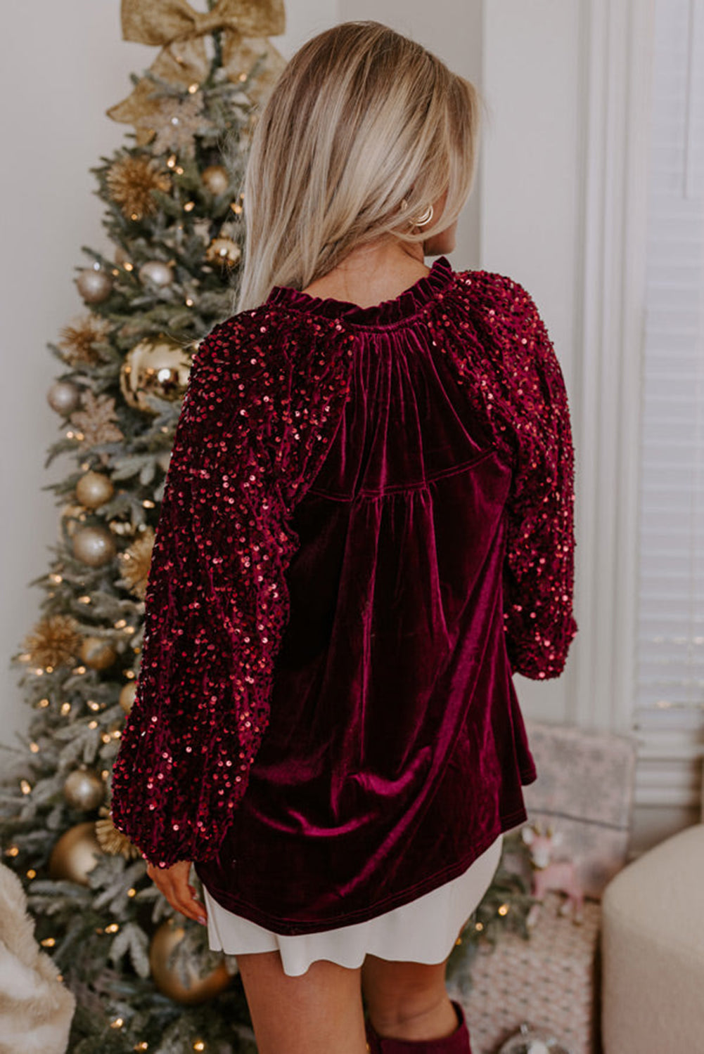 Sequin Patchwork Sleeve Button Up Velvet Top