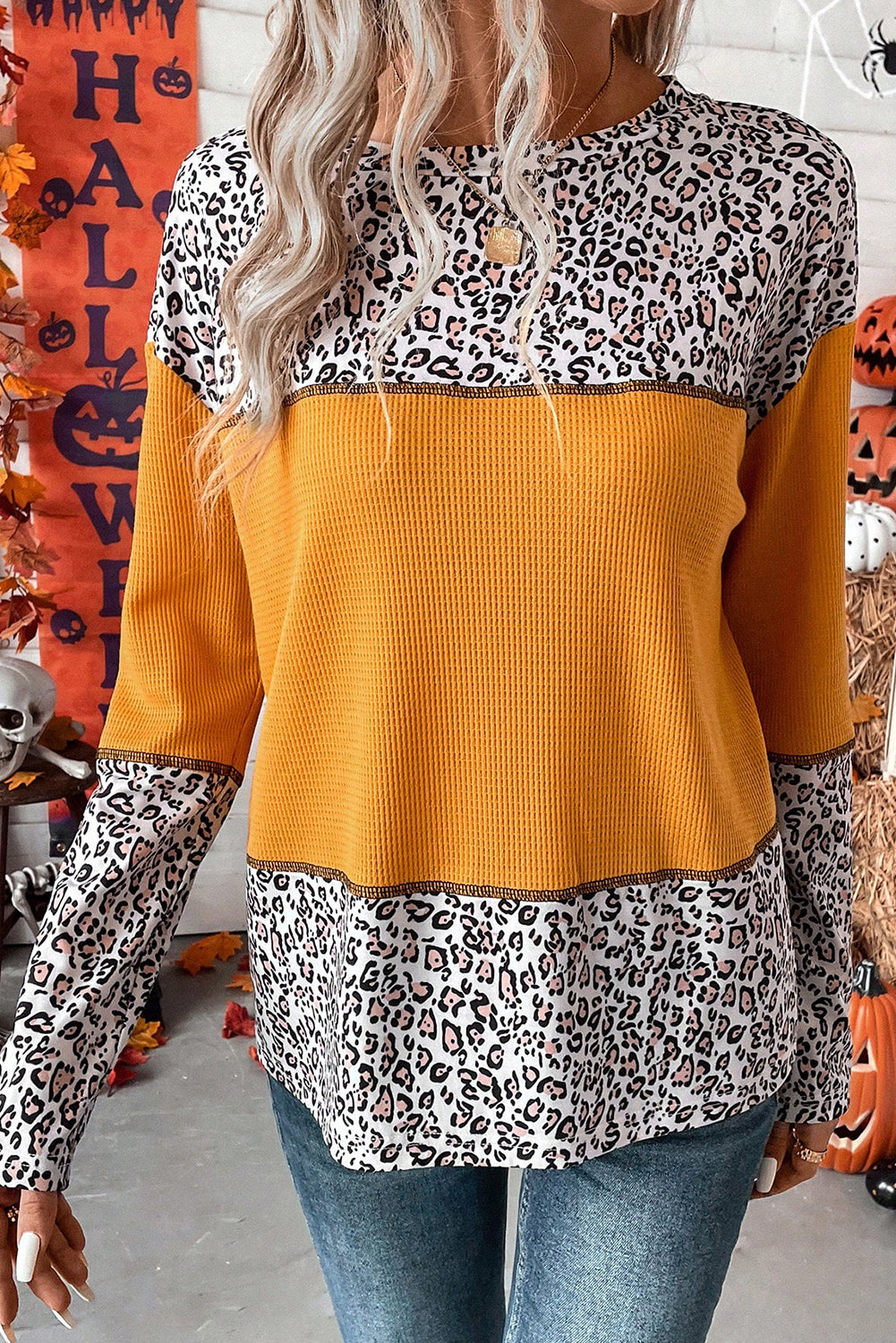 Leopard Print Waffle Knit Patchwork Top in Vitality Orange