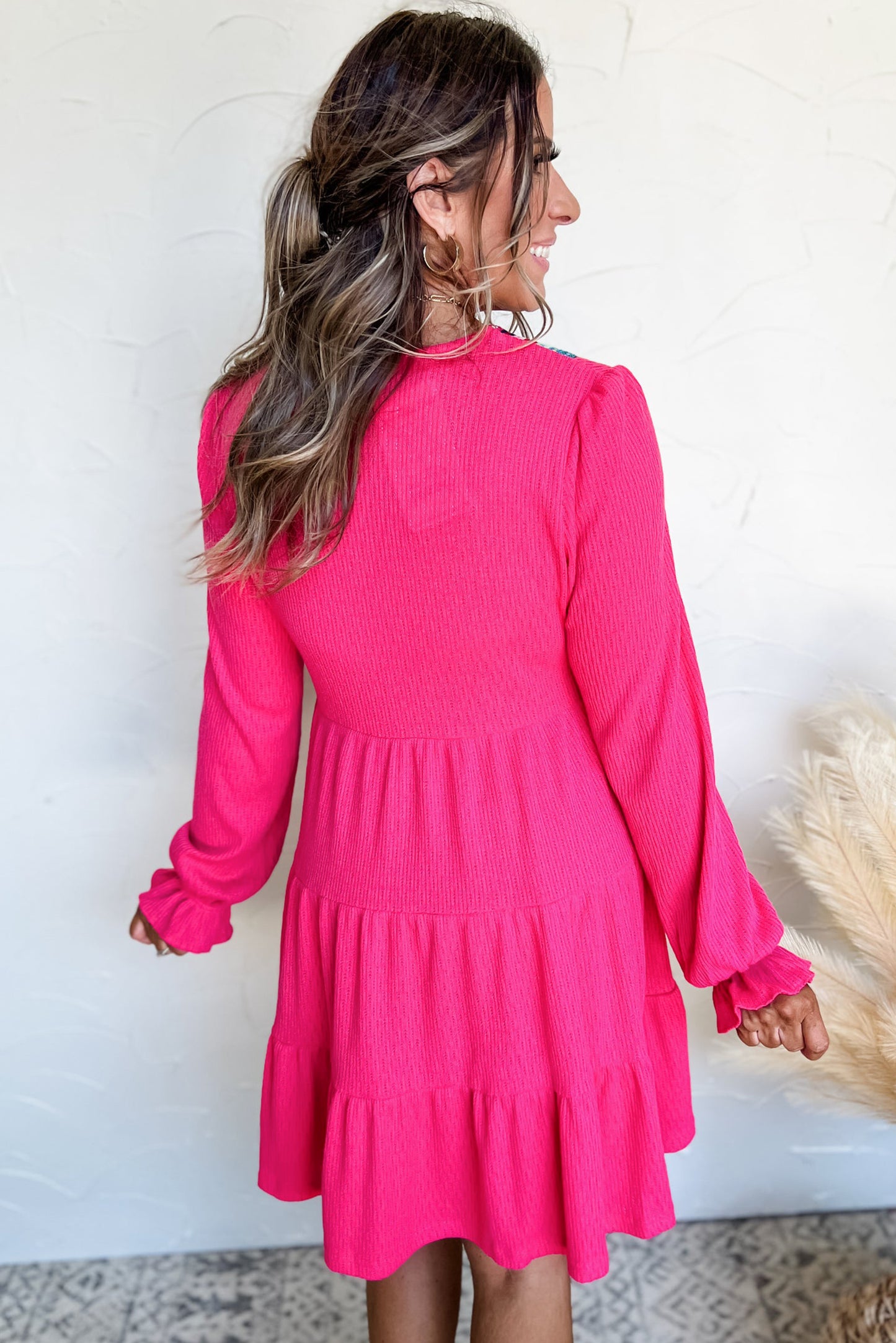 Rose Red Crochet V Neck Ruffled Long Sleeve Mini Dress