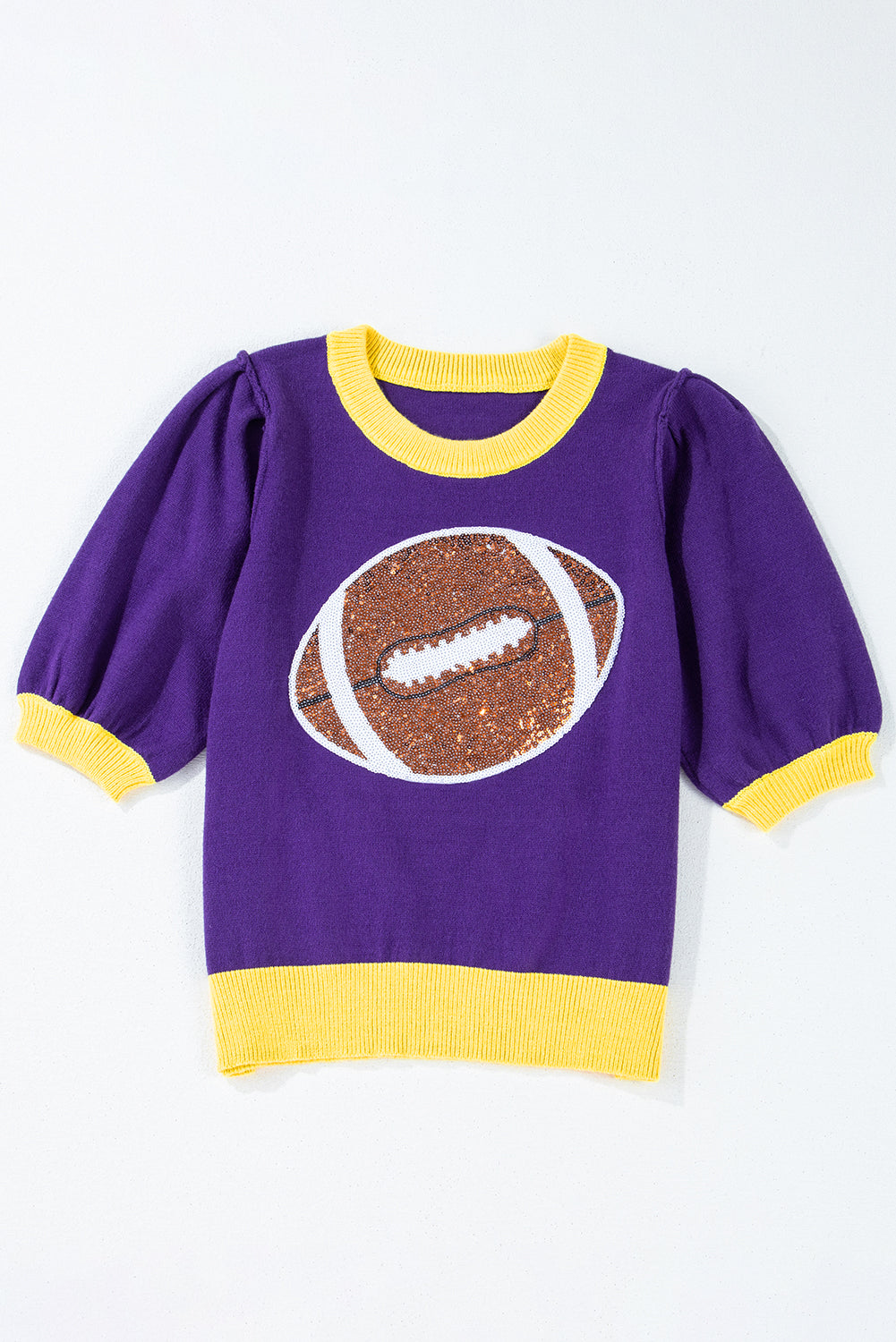 Purple Sequin Football Puff Short Sleeve Sweater